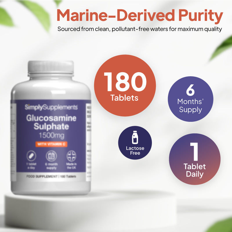 Product infographic for Simply Supplements Glucosamine Sulphate 1500mg with Vitamin C showing 180 tablets, 6 months’ supply, lactose free, and a suggested intake of 1 tablet daily.