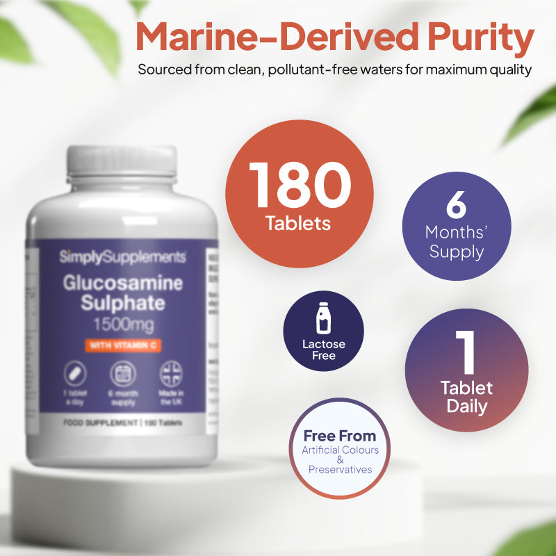 Product infographic for Simply Supplements Glucosamine Sulphate 1500mg with Vitamin C showing 180 tablets, 6 months’ supply, lactose free, free from artificial colours and preservatives, and a suggested intake of 1 tablet daily.