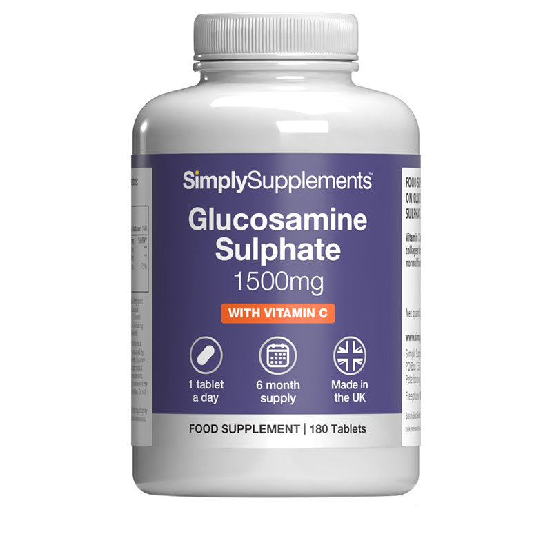Supplement bottle labeled 'SimplySupplements Glucosamine Sulphate 1500mg with Vitamin C' on a white background