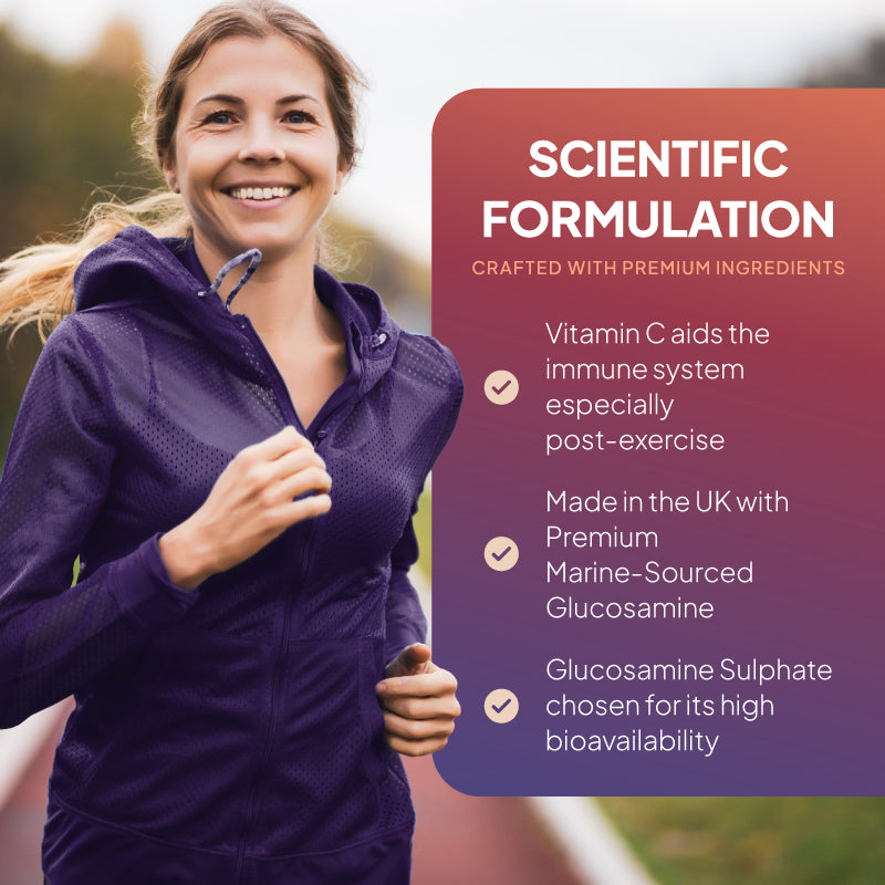 Lifestyle promotional graphic for Simply Supplements Glucosamine Sulphate 1500mg with Vitamin C, showing a woman jogging next to text highlighting vitamin C support for the immune system after exercise, UK manufacturing, marine-sourced glucosamine, and glucosamine sulphate selected for high bioavailability.