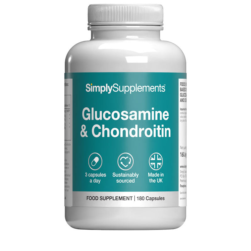 Supplement bottle labeled 'SimplySupplements Glucosamine & Chondroitin' on a white background