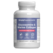 Supplement bottle labeled 'SimplySupplements Glucosamine & Marine Collagen' on a white background