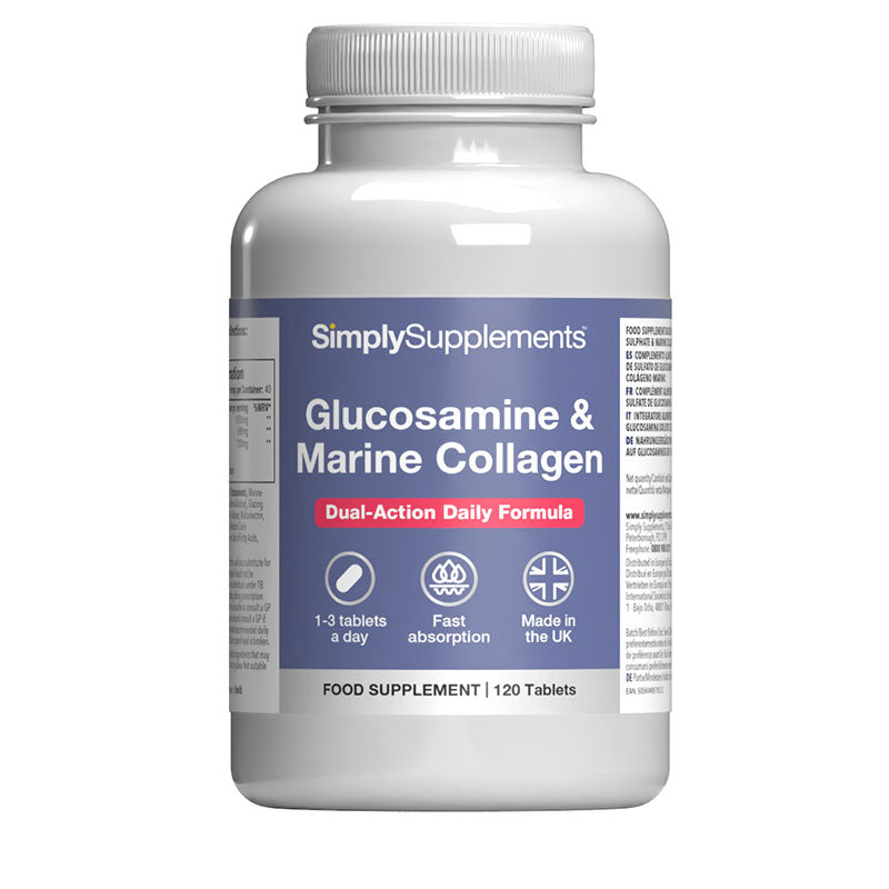 Supplement bottle labeled 'SimplySupplements Glucosamine & Marine Collagen' on a white background