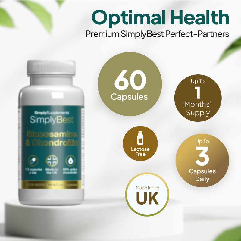 Simply Supplements SimplyBest Glucosamine 500mg and Chondroitin 400mg supplement with 60 capsules, up to 1 month’s supply, 3 capsules a day, lactose free and titanium dioxide free.