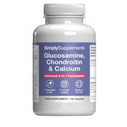 Supplement bottle labeled 'SimplySupplements Glucosamine, Chondroitin & Calcium' on a white background