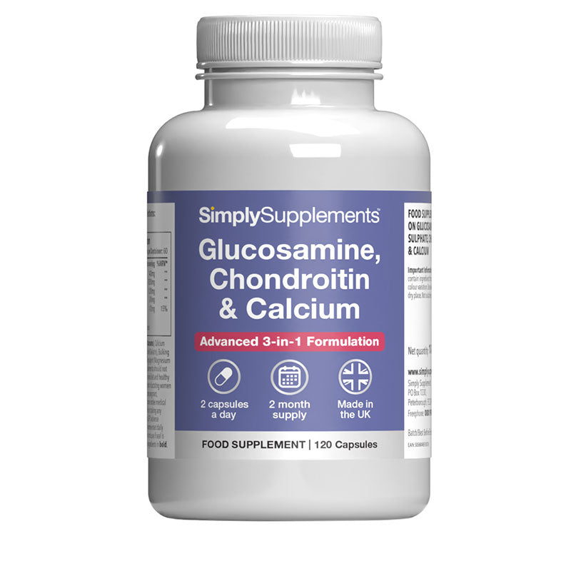 Supplement bottle labeled 'SimplySupplements Glucosamine, Chondroitin & Calcium' on a white background