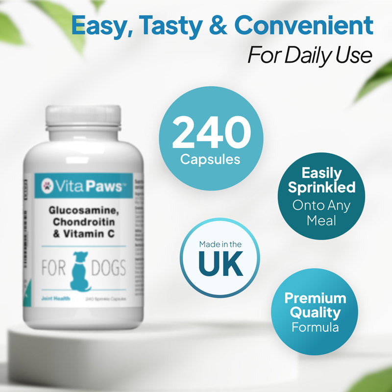 Dog joint supplement with 240 sprinkle capsules, made in the UK, designed for daily use and easy to sprinkle onto food