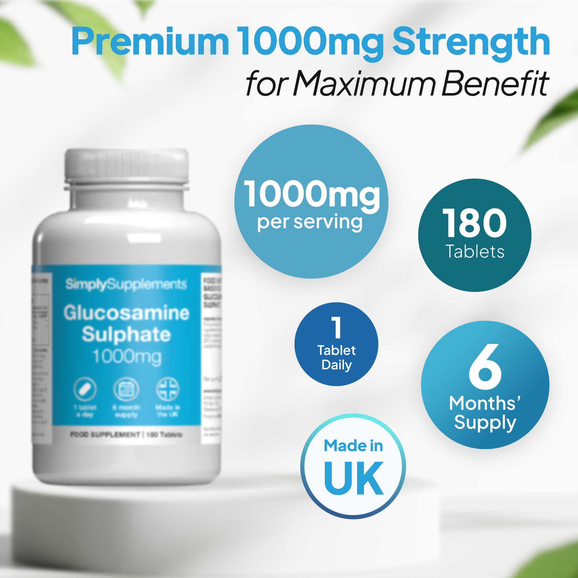 Product infographic for Simply Supplements Glucosamine Sulphate 1000mg showing 180 tablets, a 6-month supply, made in uk and a suggested intake of 1 tablet daily.