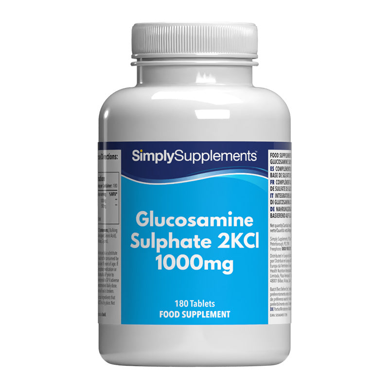 Supplement bottle labeled 'SimplySupplements Glucosamine Sulphate 1000mg' on a white background