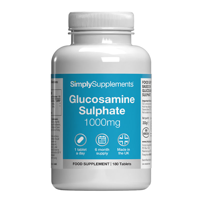 Supplement bottle labeled 'SimplySupplements Glucosamine Sulphate 1000mg' on a white background