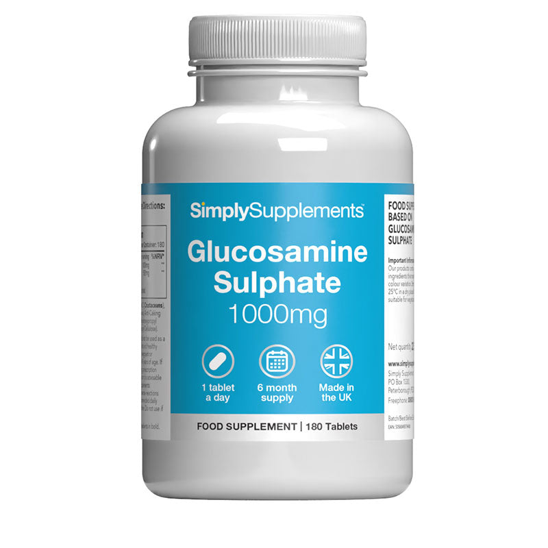 Supplement bottle labeled 'SimplySupplements Glucosamine Sulphate 1000mg' on a white background