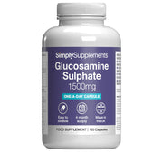 Supplement bottle labeled 'SimplySupplements Glucosamine Sulphate 1500mg' on a white background