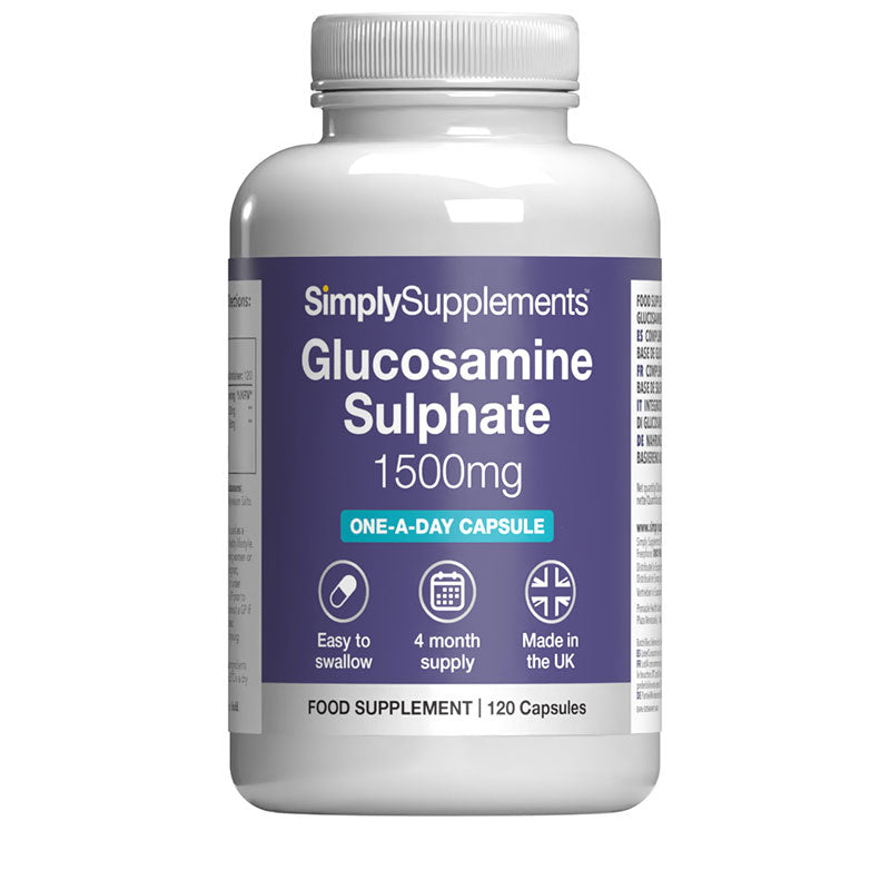 Supplement bottle labeled 'SimplySupplements Glucosamine Sulphate 1500mg' on a white background