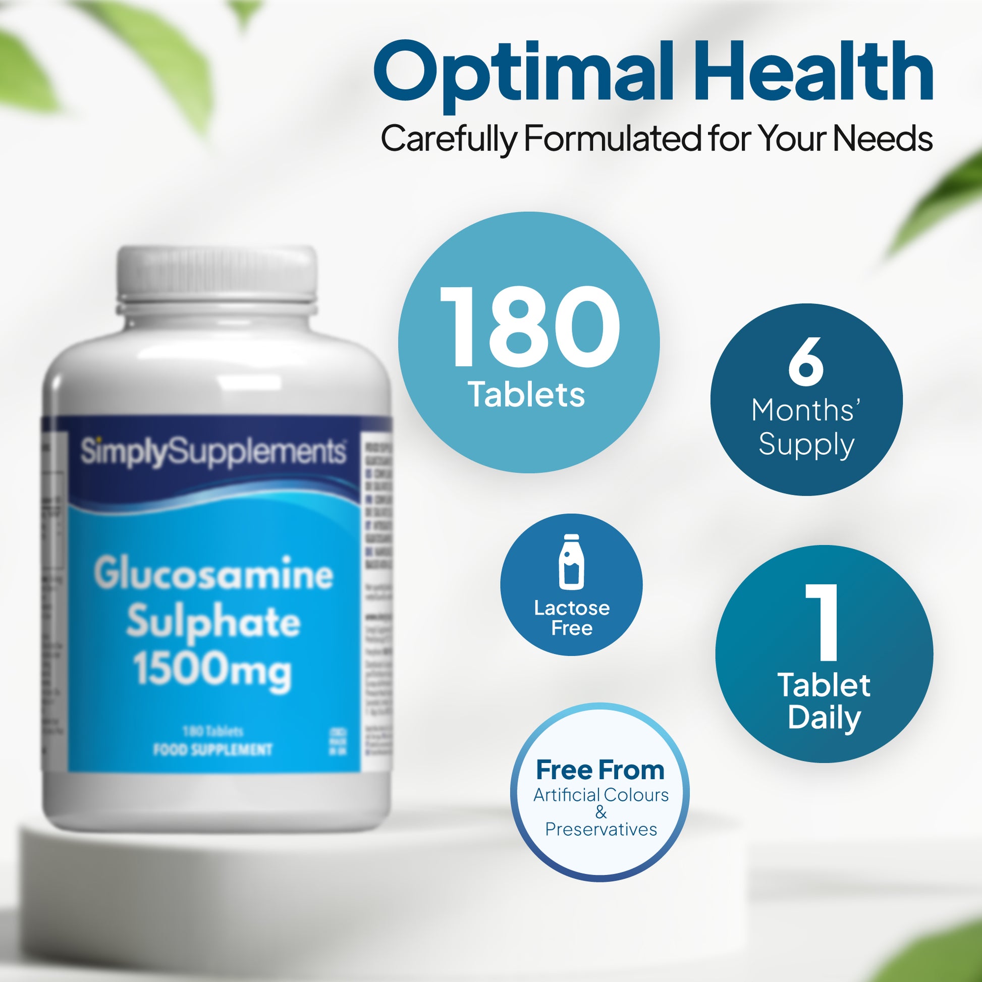 Supplement bottle labelled 'Simply Supplements Glucosamine Sulphate' includes 180 tablets