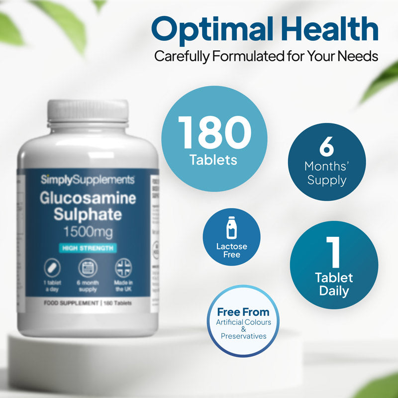 Supplement bottle labelled 'Simply Supplements Glucosamine Sulphate' includes 180 tablets
