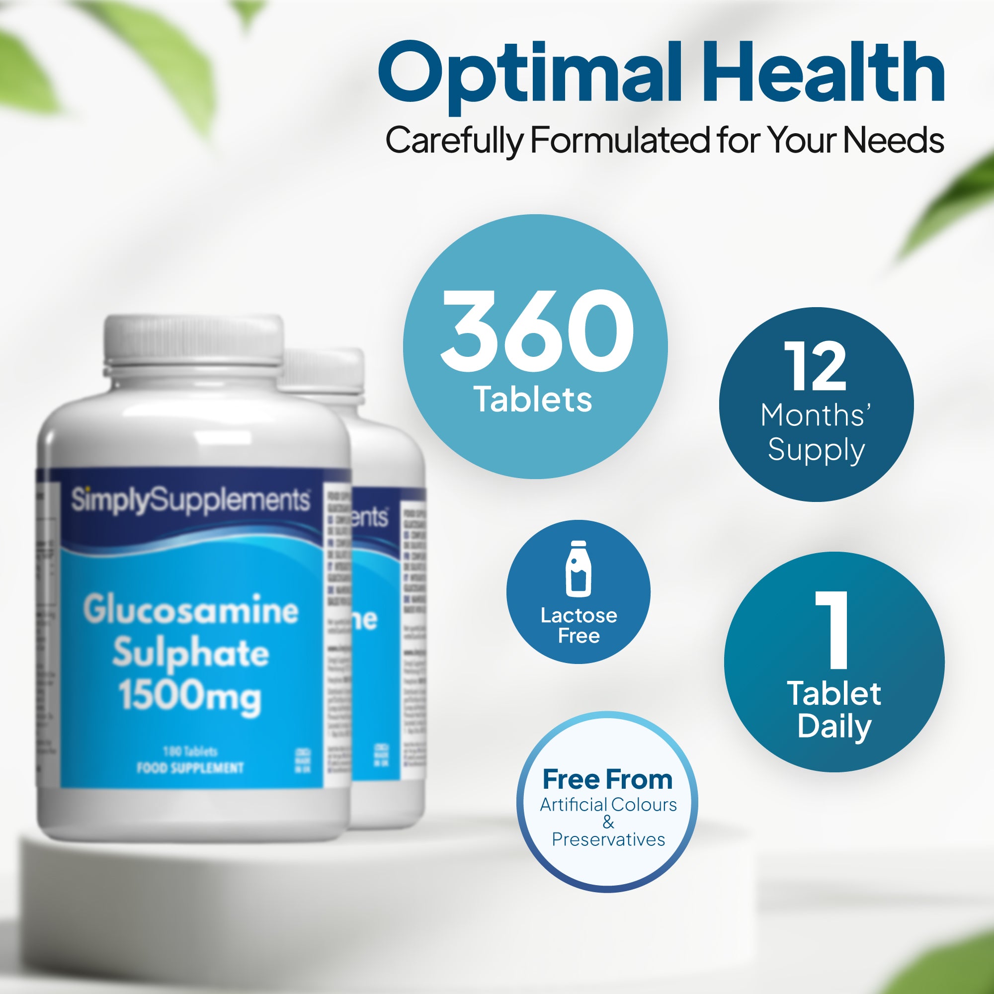 Supplement bottle labelled 'Simply Supplements Glucosamine Sulphate' includes 360 tablets