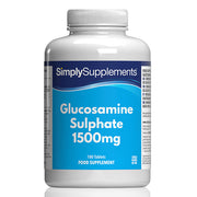 Supplement bottle labeled 'SimplySupplements Glucosamine Sulphate 1500mg' on a white background