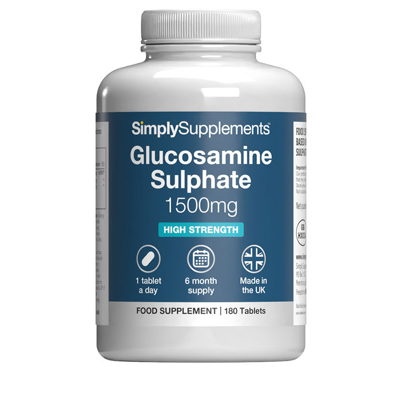 Supplement bottle labeled 'SimplySupplements Glucosamine Sulphate 1500mg' on a white background