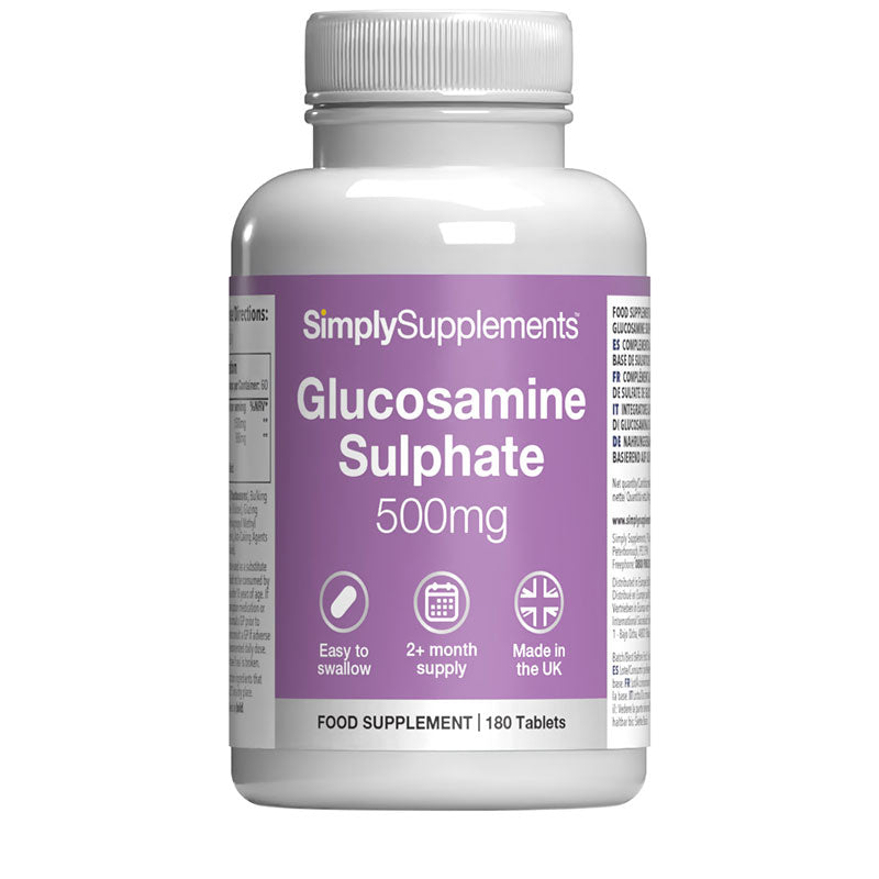 Bottle of SimplySupplements Glucosamine Sulphate 500mg on a white background