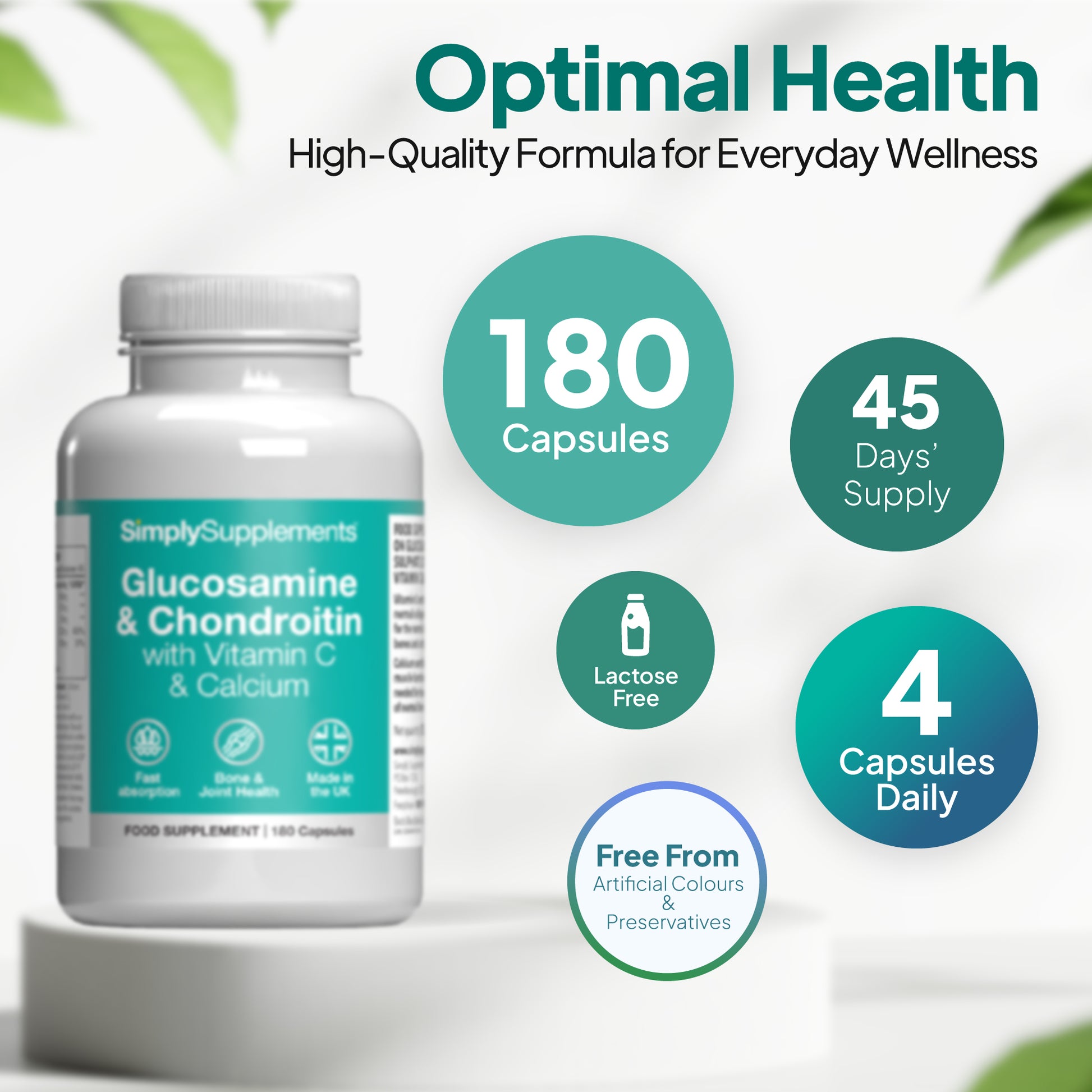 Simply Supplements Glucosamine Sulphate, Chondroitin, Vitamin C and Calcium 180 tablets