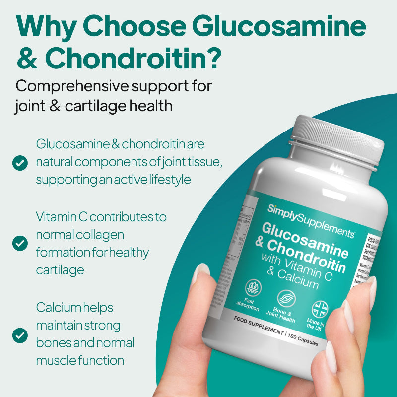 Glucosamine Sulphate, Chondroitin, Vitamin C and Calcium is for comprehensive support for joint and cartilage health.
