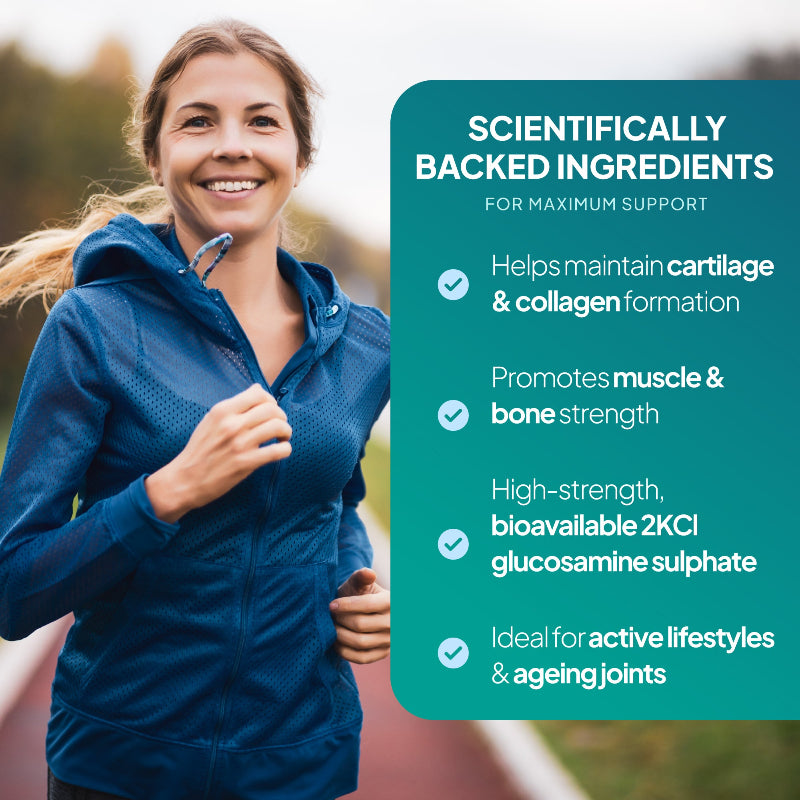 Glucosamine Sulphate, Chondroitin, Vitamin C and Calcium helps maintain cartilage & collagen formation, along with promting muscle & bone strength.
