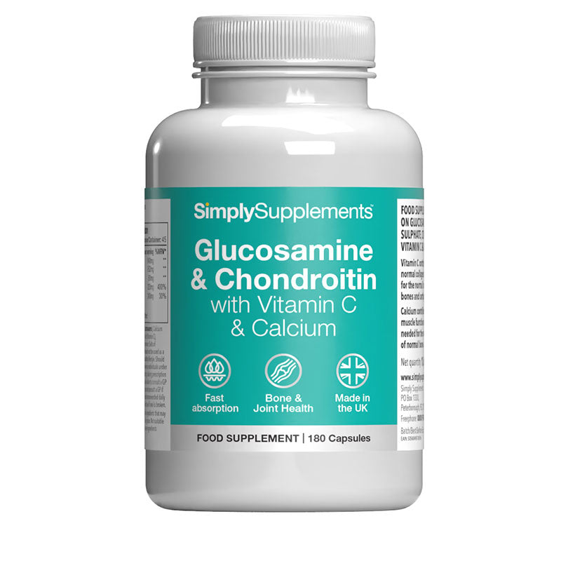 Supplement bottle labelled 'Simply Supplements Glucosamine & Chondroitin with Vitamin C & Calcium' on a white background