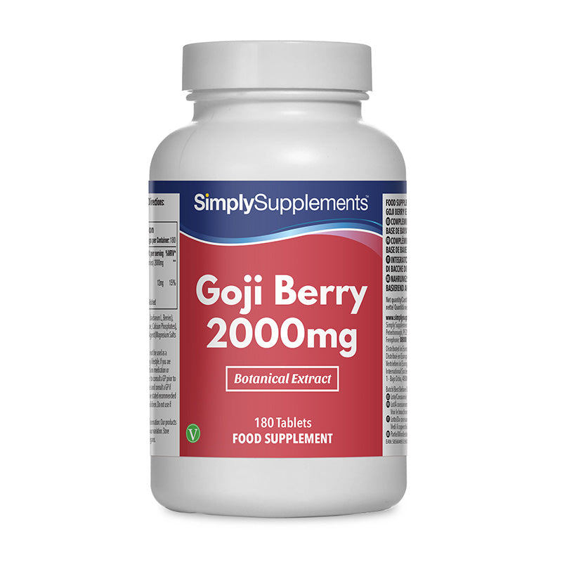 Supplement bottle labeled 'Goji Berry 2000mg' by Simply Supplements on a white background