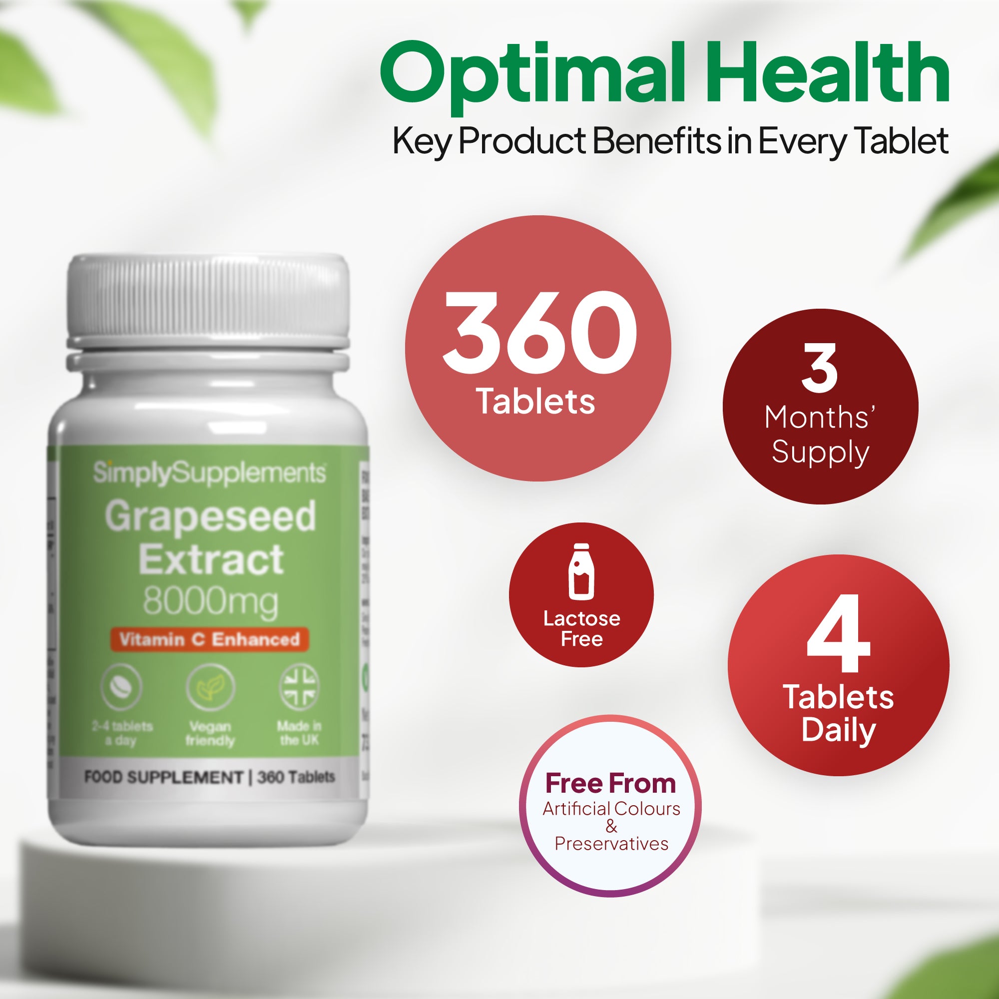 Simply Supplements Grape Seed Extract 2000mg supplement graphic showing 360 tablets, 3 months supply, 4 tablets daily, lactose free formula and free from artificial colours and preservatives.