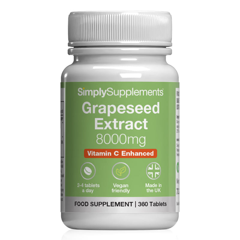Supplement bottle labeled 'Grapeseed Extract 2000mg' by SimplySupplements on a white background