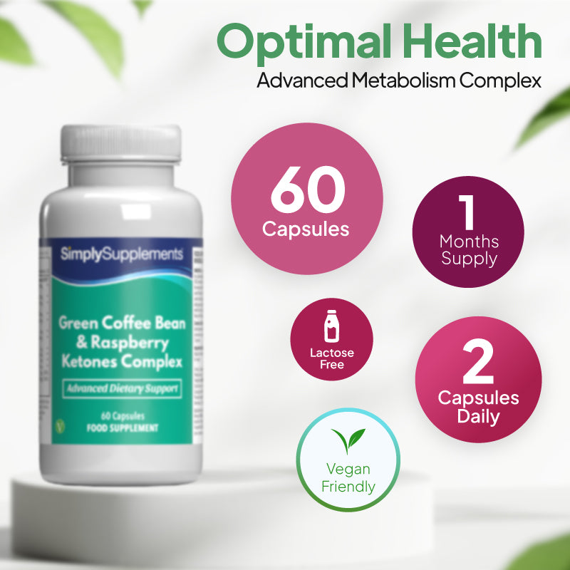 Green Coffee Bean Raspberry Ketones Complex with 60 capsules, 1 months' supply. Take 2 capsules daily