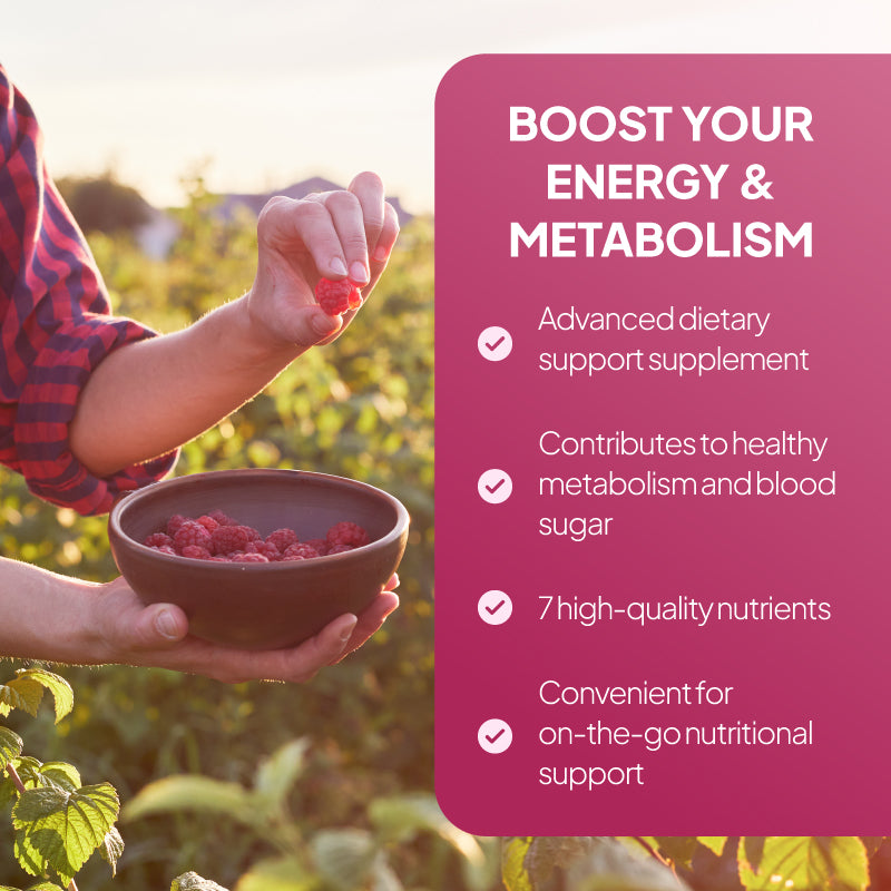 Person holding a bowl of raspberries with text about boosting energy and metabolism.