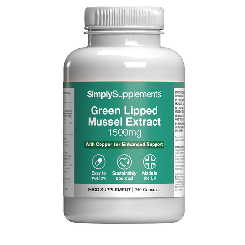 Supplement bottle labeled 'SimplySupplements Green Lipped Mussel Extract 1500mg' on a white background