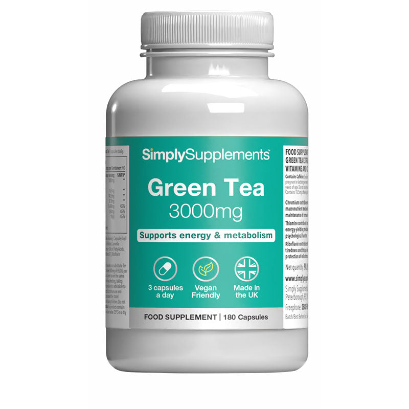 White supplement bottle labeled 'SimplySupplements Green Tea 3000mg' on a white background