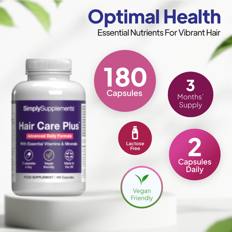 Product infographic for Simply Supplements Hair Care Plus showing 180 capsules, a 3 months’ supply, lactose free, vegan friendly, and a suggested intake of 2 capsules daily.