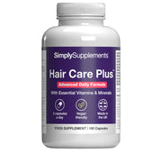 Supplement bottle labeled 'Hair Care Plus' by Simply Supplements on a white background
