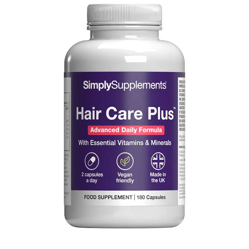 Supplement bottle labeled 'Hair Care Plus' by Simply Supplements on a white background