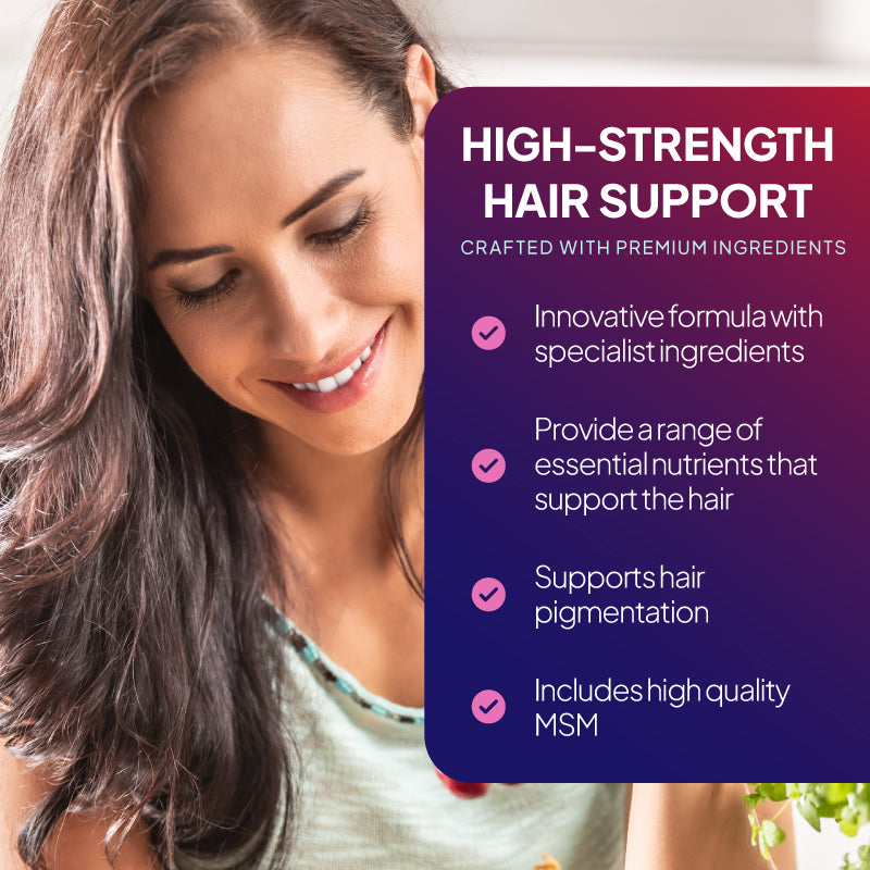 Lifestyle promotional graphic for Simply Supplements Hair Care Plus showing a woman with long hair beside text highlighting a high-strength hair support formula, specialist ingredients, essential nutrients for hair, support for hair pigmentation, and included MSM.
