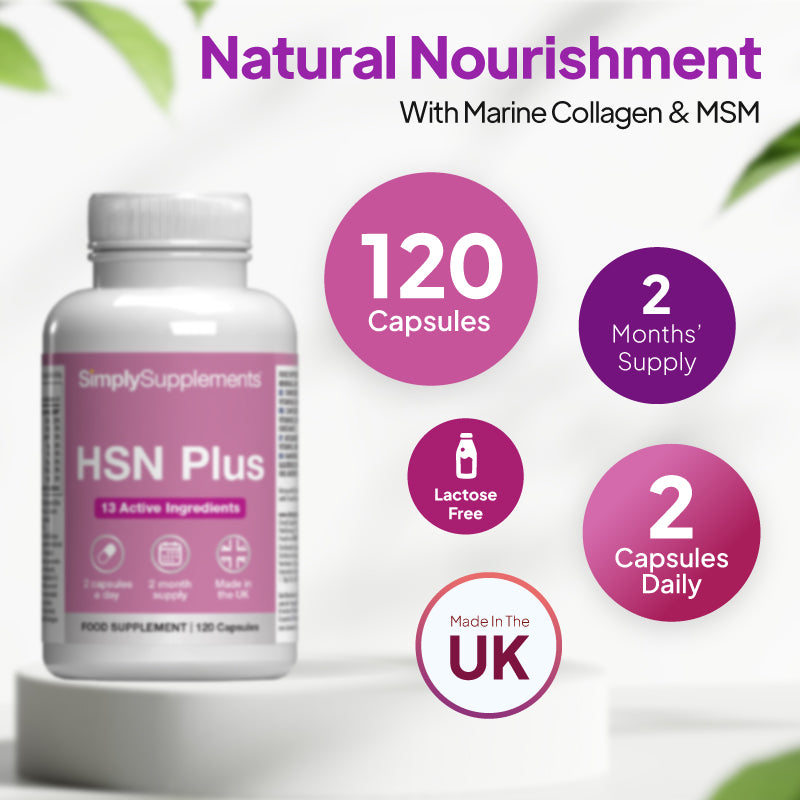 Simply Supplements HSN Plus supplement graphic showing 120 capsules, 2 months supply, 13 active ingredients, 2 capsules daily and free from artificial colours and preservatives.