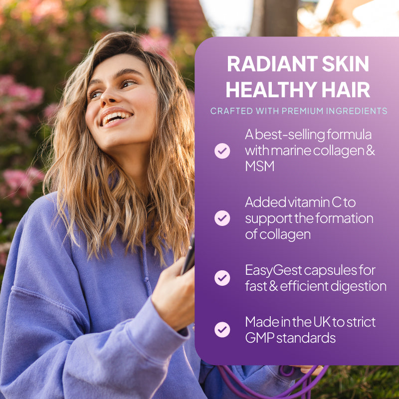 Simply Supplements HSN Plus lifestyle graphic highlighting marine collagen and MSM, added vitamin C for collagen formation, EasyGest capsules and UK-made beauty support for radiant skin and healthy hair.