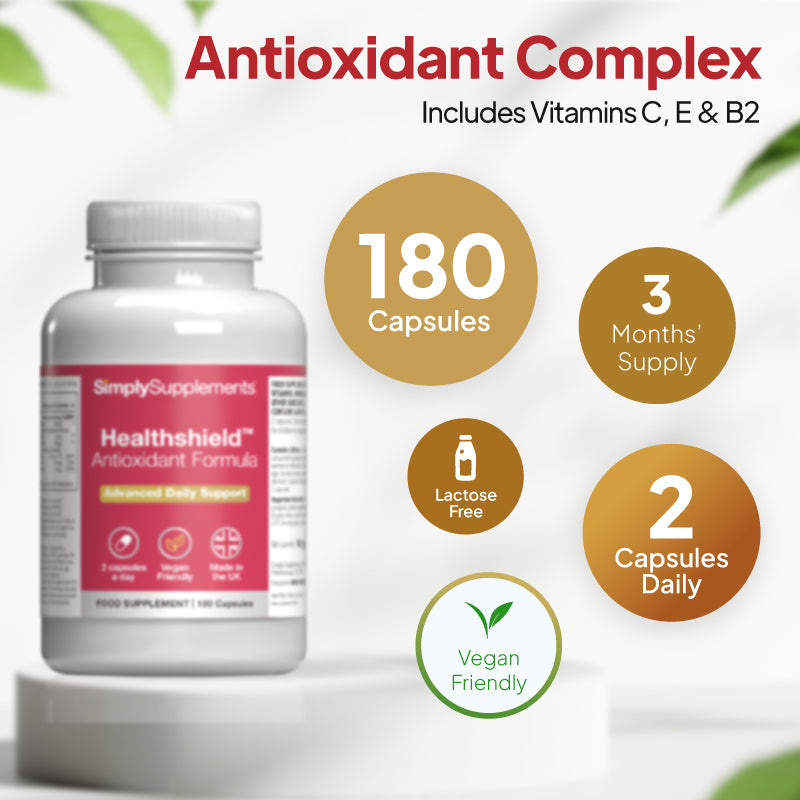 Simply Supplements Healthshield Antioxidant Formula antioxidant complex with vitamins C, E and B2, 180 capsules, 3 months’ supply, 2 capsules daily, lactose free and vegan friendly.