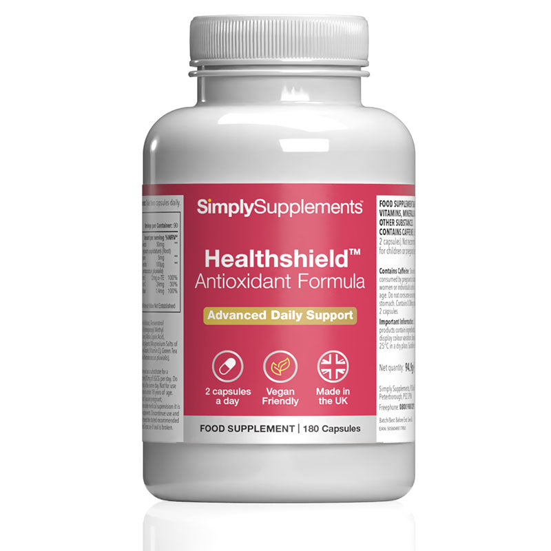 Simply Supplements Healthshield Antioxidant Formula food supplement, 180 capsules, advanced daily support, vegan friendly, made in the UK.