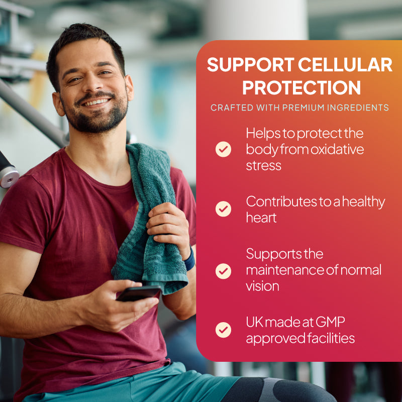 Simply Supplements Healthshield Antioxidant Formula lifestyle graphic highlighting cellular protection, support against oxidative stress, heart health, normal vision and UK-made GMP approved quality.
