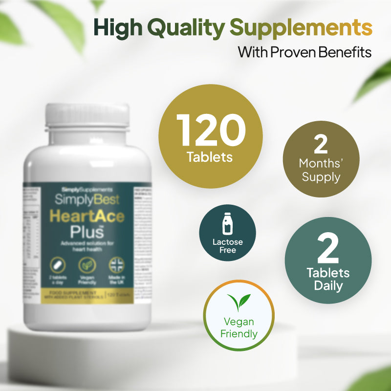 HeartAce Plus supplement bottle image with 120 tablets, 2 months supply, lactose free, 2 tablets daily, and vegan friendly