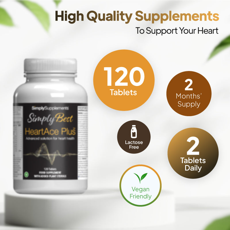 HeartAce Plus supplement bottle image with 120 tablets, 2 months supply, lactose free, 2 tablets daily, and vegan friendly