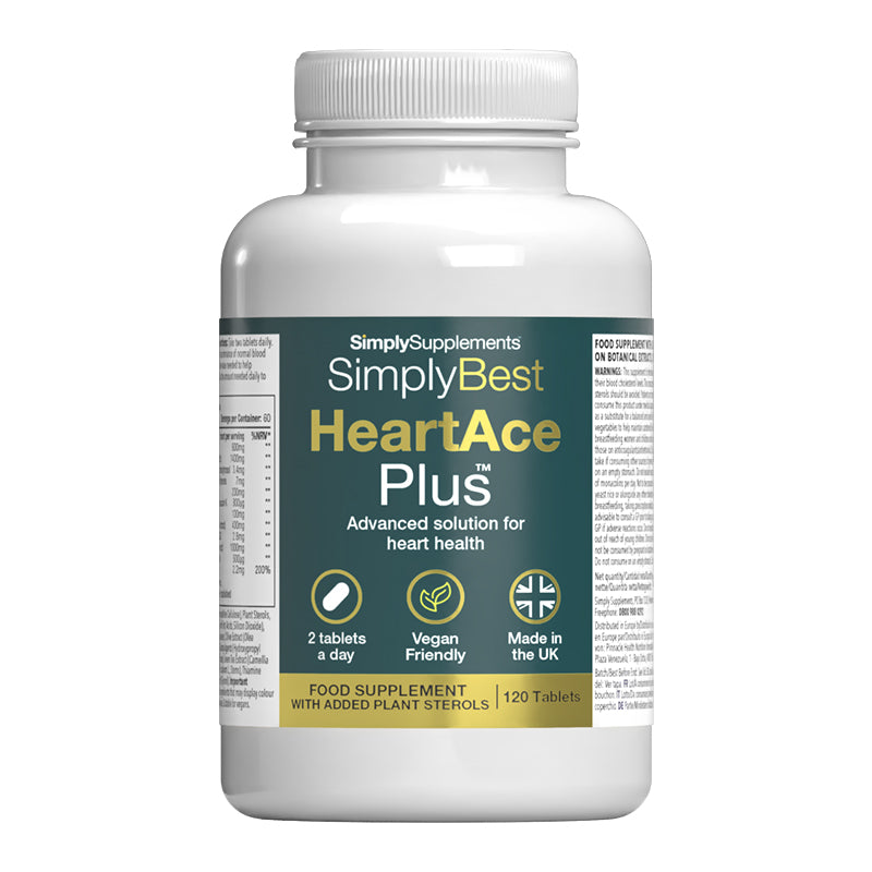 Simply Best HeartAce Plus heart health food supplement 120 tablets and added plant sterols on front label
