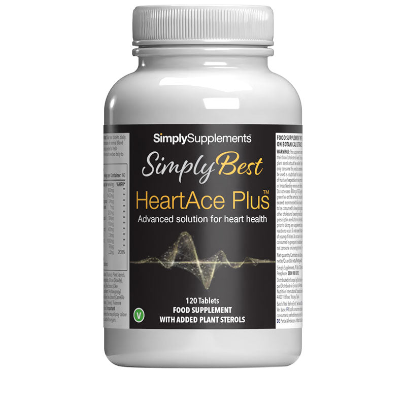 Simply Best HeartAce Plus heart health food supplement 120 tablets and added plant sterols on front label
