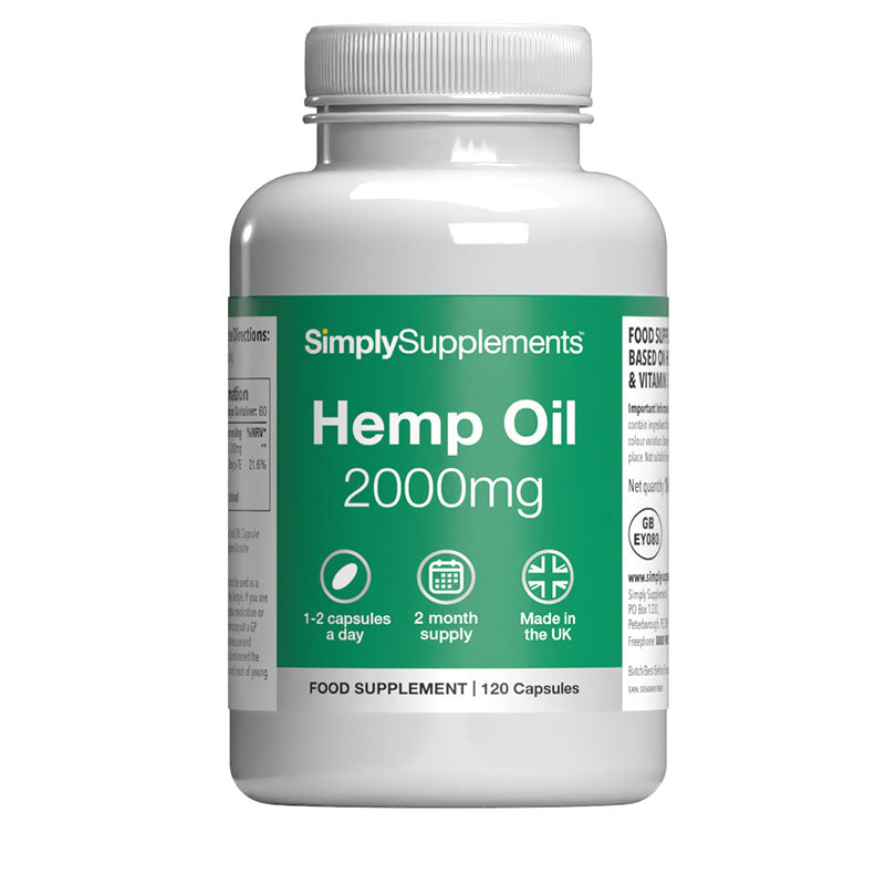 Bottle of SimplySupplements Hemp Oil 2000mg on a white background