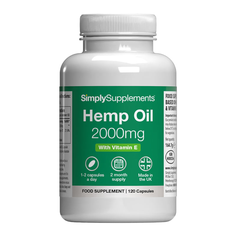 Bottle of SimplySupplements Hemp Oil 2000mg on a white background