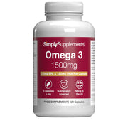 Simply Supplements Omega 3 1500mg food supplement bottle with 120 capsules, 270mg EPA and 180mg DHA per capsule, 3 capsules a day, sustainably sourced, made in the UK